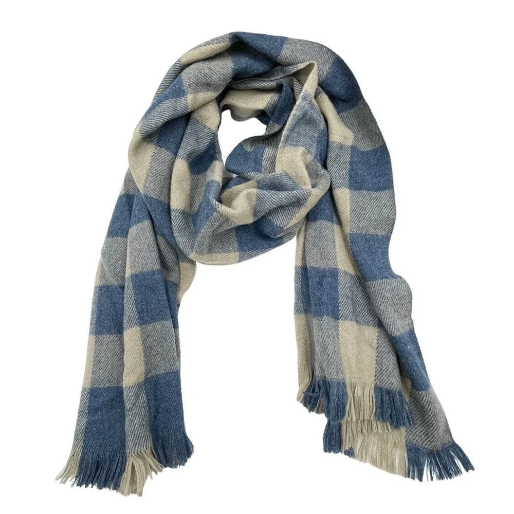 Unisex Fringe Scarf Blue Beige Viscose Plaid Long Rectangular 82 X 24.5 Inches